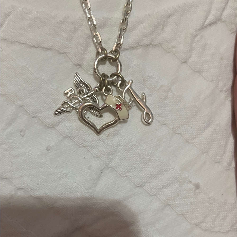 Silver Charm Necklace with Heart and Nurse Symbols